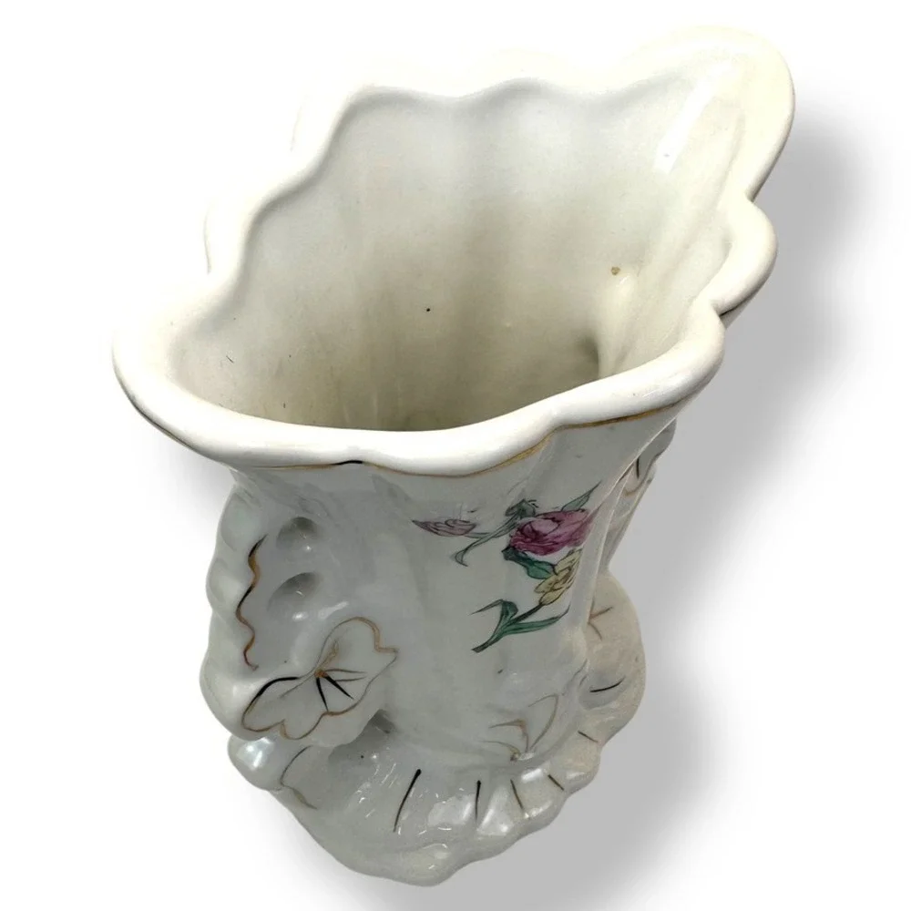 Vtg White Floral Gold Trim French Porcelain Wedding Vase Antique